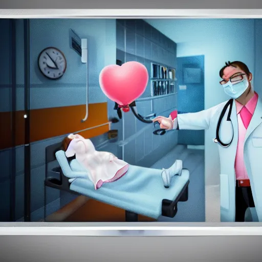 Image similar to evil doctor surgeon in hyperrealistic detailed style in a brightly lit room operating on a female patient and balloons are coming out of her abdomen