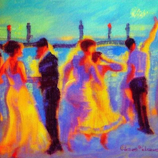 Image similar to impressionist painting of salsa dancers near the seine at sunset