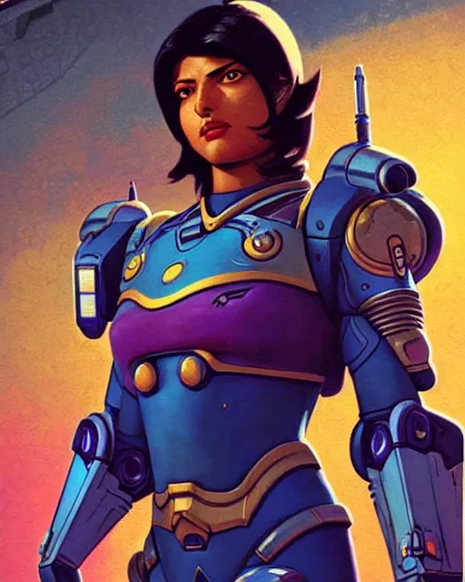 Image similar to pharah from overwatch, character portrait, portrait, close up, concept art, intricate details, highly detailed, vintage sci - fi poster, retro future, in the style of chris foss, rodger dean, moebius, michael whelan, and gustave dore