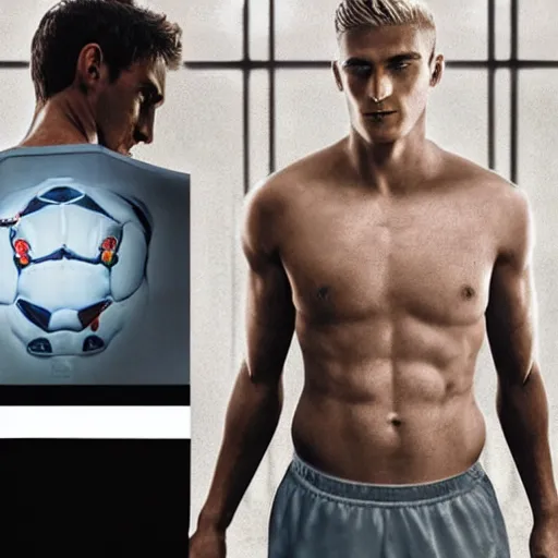 Image similar to a realistic detailed photo of a guy who is an attractive humanoid who is half robot and half humanoid, who is a male android, attractive and handsome soccer players, shiny skin, posing like a statue, blank stare, in a factory, on display, showing off his muscles, wearing soccer shorts, side view, looking at each other mindlessly