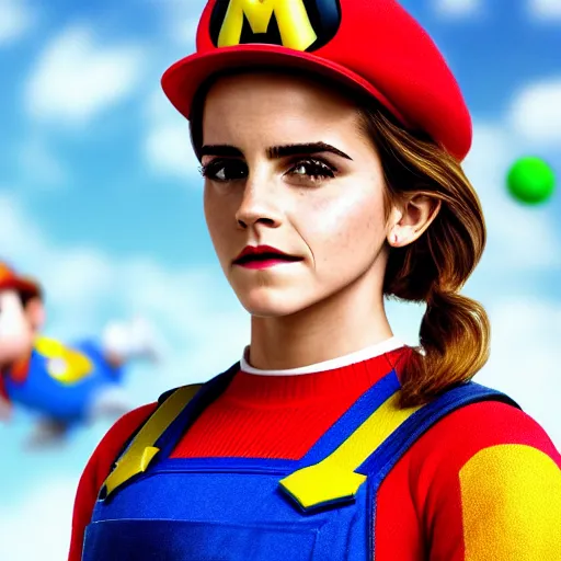 Image similar to emma watson as super mario, highly detailed, extremely high quality, hd, 4 k, 8 k, canon 3 0 0 mm, professional photographer, 4 0 mp, lifelike, top - rated, award winning, realistic, detailed lighting, detailed shadows, sharp, no blur, edited, corrected, trending