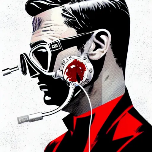 Image similar to a profile photo of an james bond with a diving oxygen mask with side profile blood in ocean intricate details by MARVEL comics and Sandra Chevrier-C