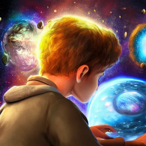 Image similar to a young male mage creating a universe in his PC, hyperrealistic, extremely detailed, award-winning art, trending on Artstation