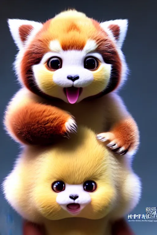 Prompt: high quality 3 d render hyperrealist very cute pastel fluffy! red panda & tarsier hybrid suspicious eating giant ice cream, vray smooth, in the style of detective pikachu, hannah yata, very dramatic light, low angle, uhd 8 k, shallow depth or field