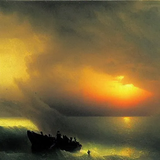 Image similar to tornado on the river, sunset, by ivan aivazovsky,