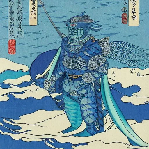 Prompt: Blue fish person wearing smoldering plate armor standing on a boat with an expansive ocean, Ukiyo-e style, extremely detailed, award-winning digital art