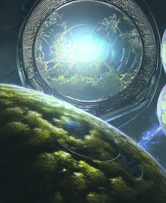 Image similar to dyson sphere, transparent clear see - through image of lush botany, aurora spaceship environment, ultra realistic, concept art, photorealistic, octane render, 8 k, unreal engine. art by gustave dore and nori inoguchi and sam kaplan and zachary goulko and christopher marley and artgerm and alphonse mucha