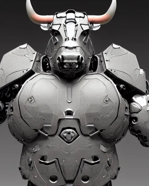 Prompt: a full body shot of a imposing cyborg ( bull ) modeled after a bull with open eyes looking into the camera, hard rubber chest, intricate pattern, highly detailed, android, cyborg, full body shot, intricate, 3 d, hyper realism, symmetrical, octane render, strong bokeh, fantasy, highly detailed, depth of field, digital art, artstation, cinematic lighting