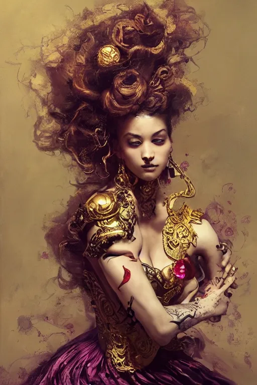 Prompt: an epic painting of a 1 9 years old girl figure sitting on chair, curly messy high bun hairstyle, whimsically designed oriental tattoos, subject wearing a gold and ruby alexander mcqueen medieval gown, flowing, ornate, beautiful, forbidden beauty, dramatic earth colors, with few vivid purple highlights, by jeremy mann and greg rutkowski, trending on artstation, oil on canvas