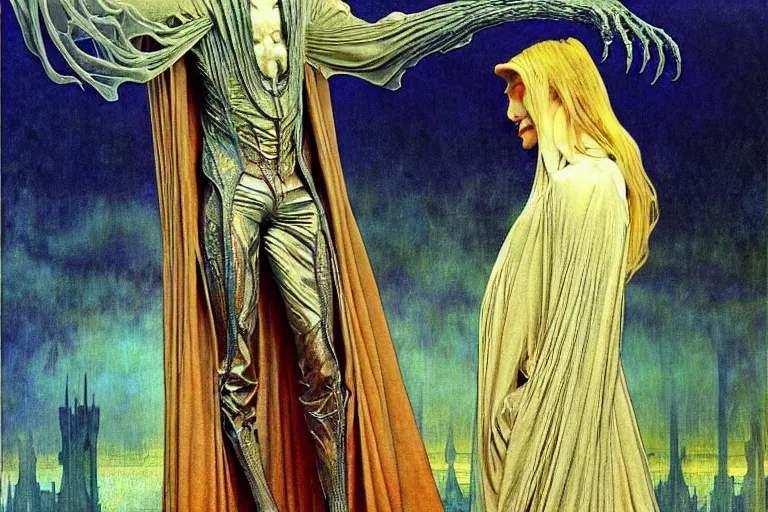 Image similar to realistic extremely detailed portrait painting of an elegantly creepy vampire man in a cape, futuristic sci-fi castle on background by Jean Delville, Amano, Yves Tanguy, Alphonse Mucha, Ernst Haeckel, Edward Robert Hughes, Roger Dean, rich moody colours, blue eyes