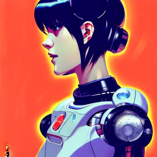 Image similar to side portrait scifi cyborg girl with robotic parts and spacesuit | | head only in center of image, audrey plaza, fine detail!! anime!! realistic shaded lighting!! poster by ilya kuvshinov katsuhiro otomo ghost - in - the - shell, magali villeneuve, artgerm, jeremy lipkin and michael garmash and rob rey