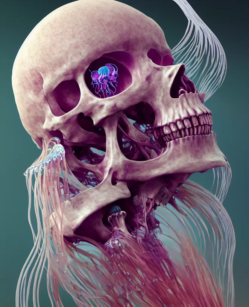 Image similar to goddess close - up portrait human skeleton, ram skull, jellyfish, orchid, betta fish, bioluminiscent, intricate artwork by tooth wu and wlop and beeple. octane render, trending on artstation, greg rutkowski very coherent symmetrical artwork. cinematic, hyper realism, high detail, octane render, 8 k