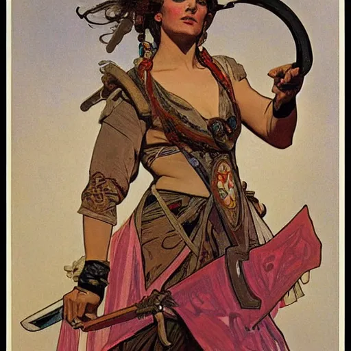 Image similar to female fighter, war paint, sword, painted by alphonse mucha