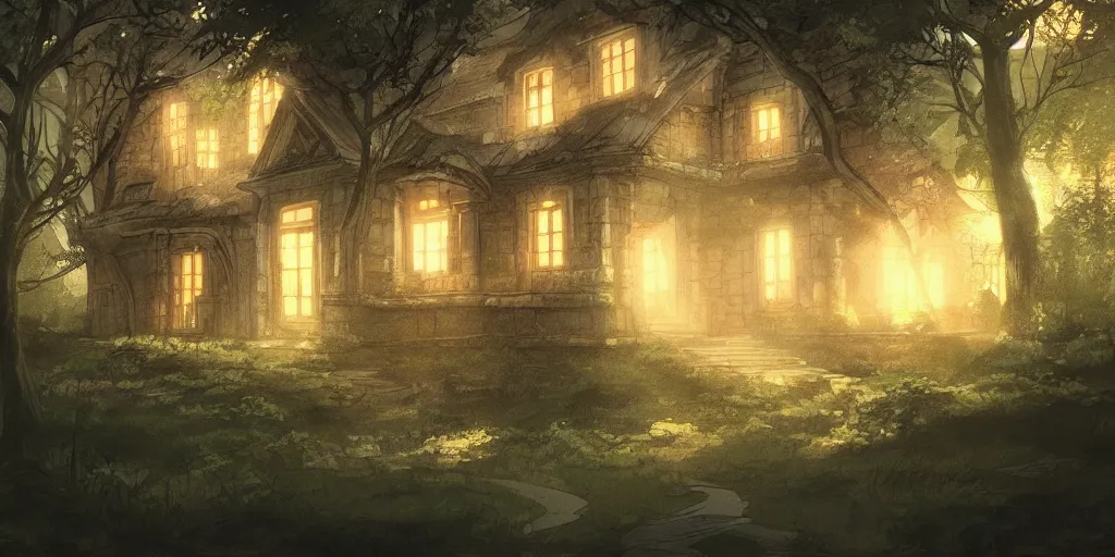 Prompt: manor in the middle of the forest, at night, light flowing through the windows, artstation, manga,!! fantasy