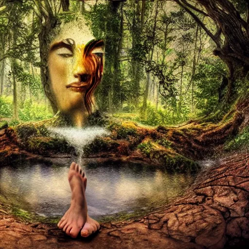 Prompt: greek gods, in forest, three eyed, wide wide shot, feet in water, colors, forehead eye, ground very detailed, wet eyes reflecting into eyes reflecting into infinity, beautiful lighting