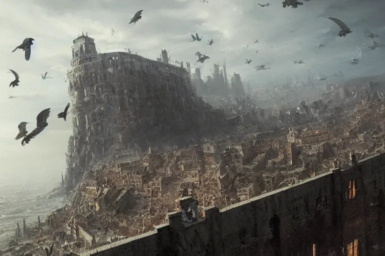 Prompt: people FLYING ON BIRDS, over the ocean, towards a GIGANTIC wall, protecting the city from black mist, cinematic, greg rutkowski, detailed, intricate