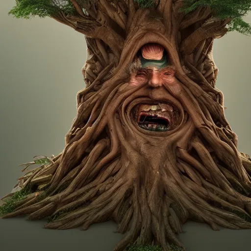 Image similar to donald trump is fused into a tree stump, hyperdetailed, artstation, cgsociety, 8 k