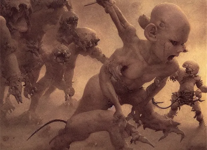 Image similar to bald barbarian girl fighting small cute goblins by Beksinski