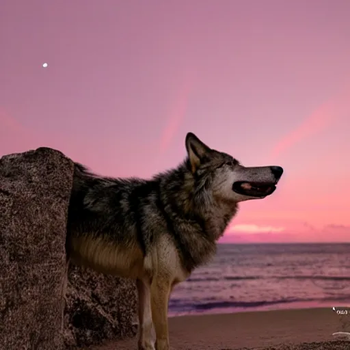 Prompt: a wolf barking in a caravel bow during night with purple sky in fernando de noronha