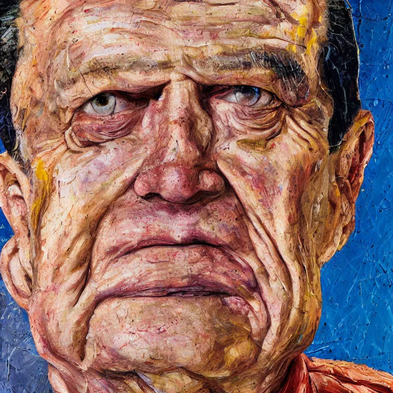 Image similar to close up studio portrait of aging old Richard Nixon age 115 wrinkled sad, shiny impasto oil painting by Lucian Freud and Tim Hawkinson and Cy Twombly, trending on artstation Studio lighting Expressionism