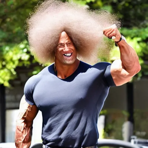 Image similar to dwayne johnson with a curly green wig, twirling his hair and laughing hysterically
