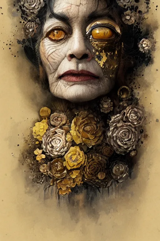 Image similar to portrait of hairy old woman with diluted aquarelle painted skin. close up. very dark black hair, large gold eyes. intricate dark flowers pattern on background, high detail, by Peter mohrbacher and Eddie Mendoza