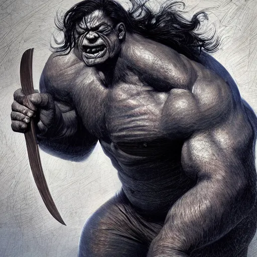 Image similar to artstation concept a midnight blue hulk jolding a meat cleaver, dusty, hyperdetailed, artstation trending, world renowned artists, worth 1 0 0 0. com, historic artworks society, antique renewel, cgsociety, by greg rutkowski, by gustave dore, deviantart