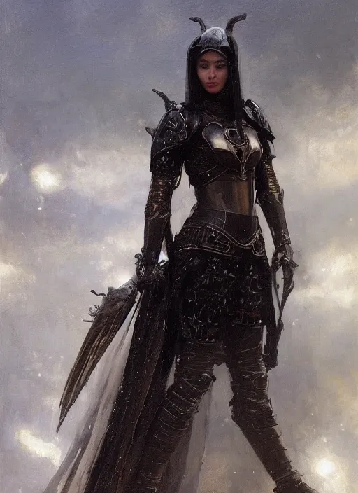 Image similar to beautiful young woman wearing black medieval armour, by gaston bussiere, bayard wu, greg rutkowski, giger, maxim verehin, greg rutkowski, masterpiece, sharp focus, cinematic lightning