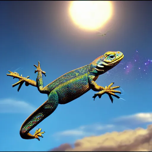 Image similar to Diamond lizard flying in the sky, cinematic, 4k,