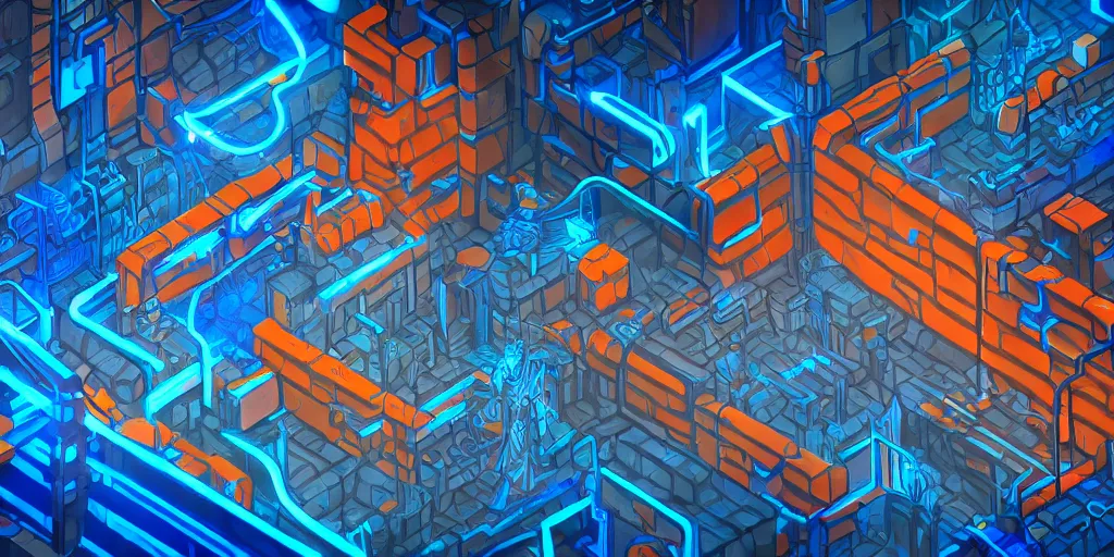 Prompt: cyberpunk dungeon, ancient caves, blue and orange neon lines along the wall, bluestone walls, isometric, trending on artstation
