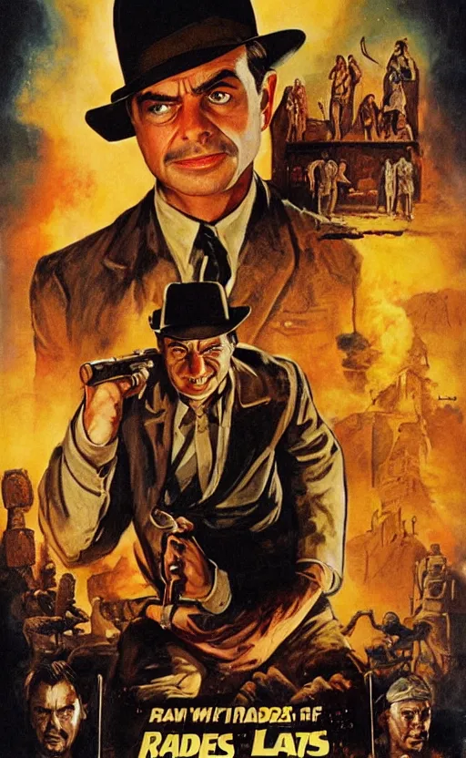 Image similar to raiders of the lost ark, featuring mr. bean, movie poster in the style of richard amsel & drew struzan