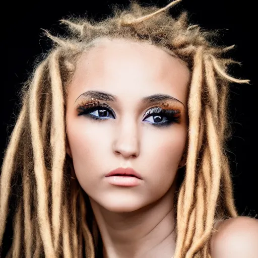 Prompt: instagram modeling headshot photography flawless young beautiful female with blonde and red dreadlocks in a black ballgown, dark, piercing clear eyes, symmetrical golden ration exotic stoic expression, photorealistic, highly detailed, mysterious lighting, smooth, sharp focus, 8 0 mm camera