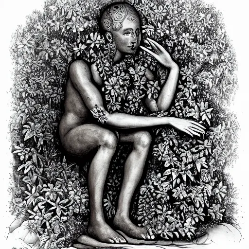 Prompt: botanical sketch of The thinker sculpture with a mechanical/cybernetic head, mushrooms and peyote/san pedro at the base, surrounded by a lush jungle and morning glory vines, high detail, b&w,