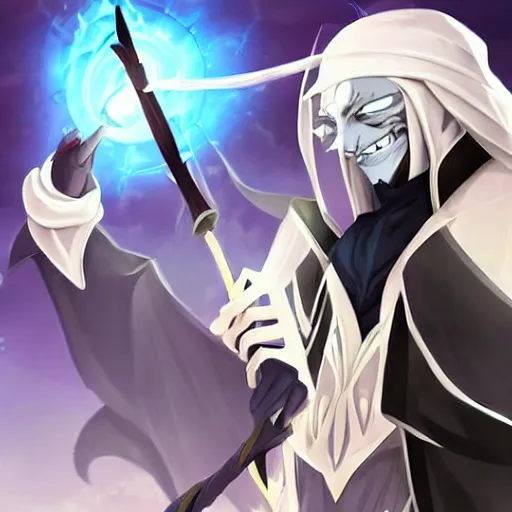 Image similar to Karthus from League of Legends holding a magical staff, laughing, anime art style