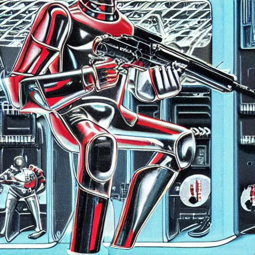 Image similar to 1 9 8 0's heavy metal album art, a shiny reflective detailed chrome android holding a giant rifle - style blaster rifle designed by ridley scott inside a 1 9 8 0's mall