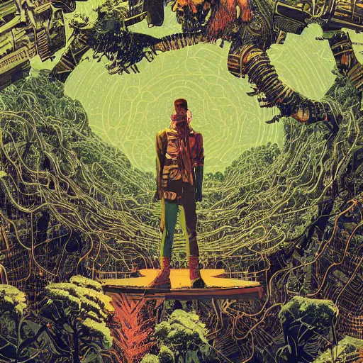 Prompt: Stunningly intricate portrait illustration of a single cyberpunk explorer overlooking a lush forest, highly detailed, midnight, by Victo Ngai and James Gilleard , Moebius, Laurie Greasley