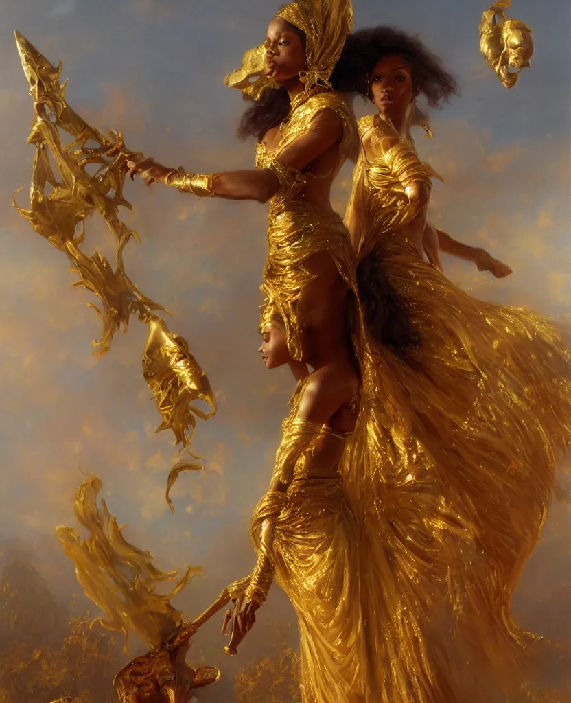 Prompt: brown skinned goddess with a dress made of golden faethers, shes holding a reaper, by gaston bussiere, epic painting, realism, artstation, full body, octane render, sharpness, 8 k, golden ratio