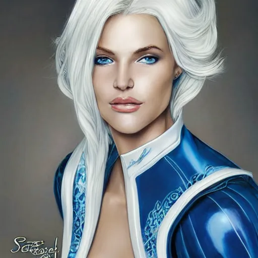 Image similar to Portrait of a tall blonde blue-eyed elf woman with white hair, wearing stylish white and gold clothes, intricate, elegant, highly detailed, smooth, sharp focus, detailed face, warm and gentle smile, graphic novel, art by stanley artgerm and Ardian Syaf and Pepe Larraz,