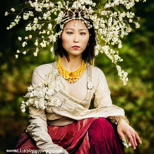 Image similar to photography of the asian queen sitting in the flower thorn, beautiful face, masterpiece costume, jewellery, high quality, elegant, emotionally touching, cool, deep gaze, mystery, tenderness, annie leibowitz style