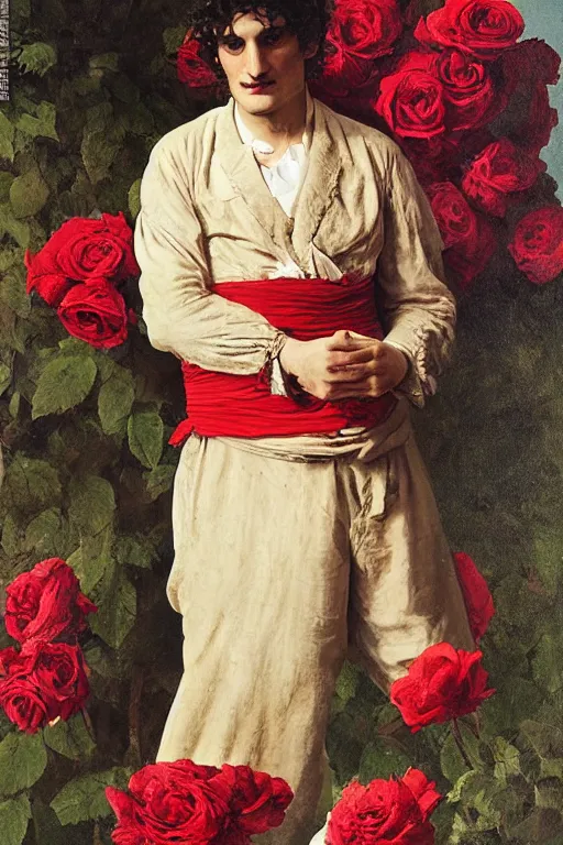 Image similar to body portrait of actor louis garrel posing as a matador in a garden of roses, colour painting by normal rockwell, guidi prime background by carl spitzweg