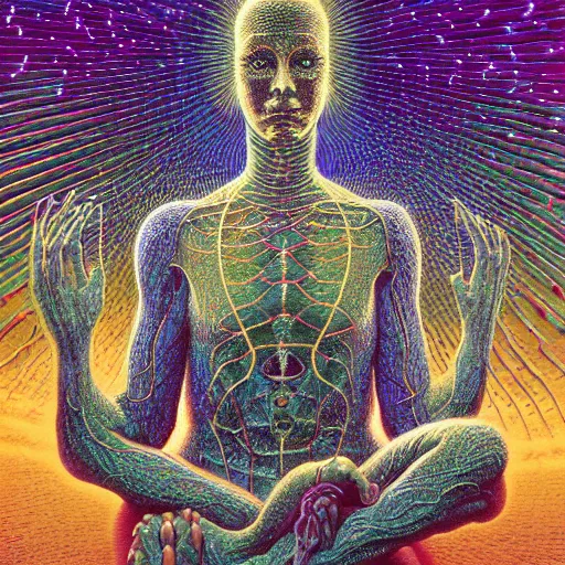 Image similar to an exhausted deity, contemplating existence, beyond the known universe, fine art, bokeh, omnidimensional, ocd, electroluminescent wire by wayne barlowe + jack davis + alex grey