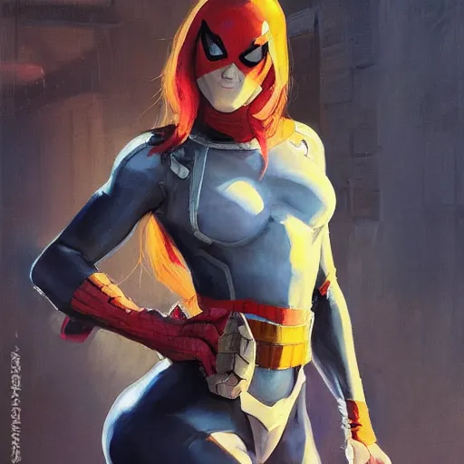 Image similar to greg manchess portrait painting of partially armored female spiderman as overwatch character, medium shot, asymmetrical, profile picture, organic painting, sunny day, matte painting, bold shapes, hard edges, street art, trending on artstation, by huang guangjian, gil elvgren, ruan jia, greg rutkowski, gaston bussiere