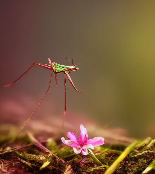 Image similar to super macro photo of a golden mantis on a flower in a forest. dof. bokeh. magical atmosphere. art by greg rutkowski. lifelike. very detailed 8 k. intricate. soft light. nikon d 8 5 0.