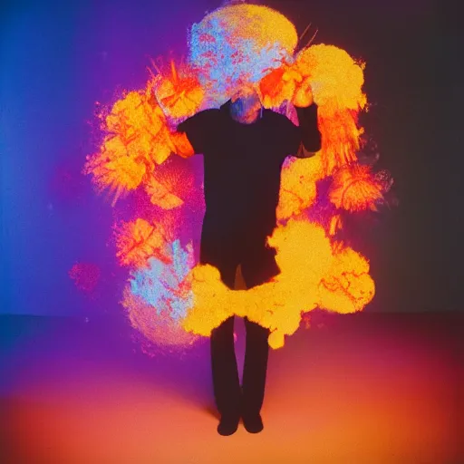 Image similar to a human exploding with color light, studio medium format photograph