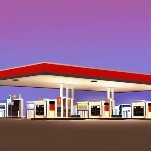 Prompt: a digital rendering of a gas station at night by george ault, behance contest winner, retrofuturism, concept art, matte drawing, reimagined by industrial light and magic