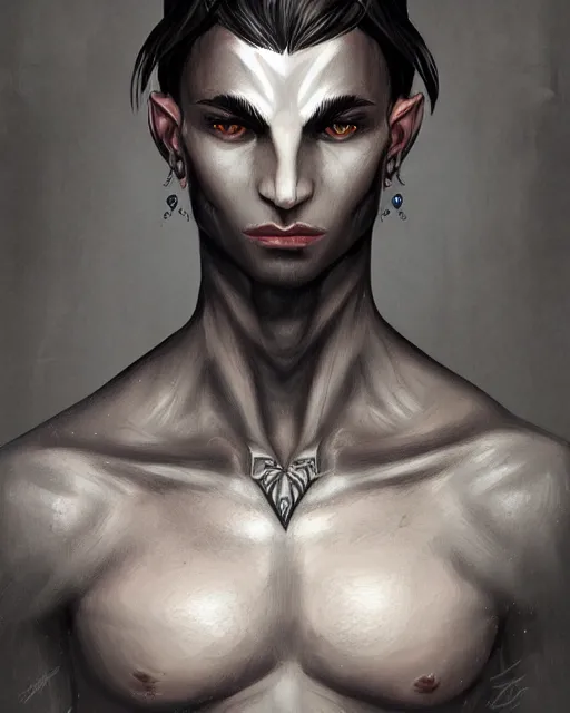 Prompt: portrait of a feminine male dark elf, dark obsidian skin, white tatoo, long hair, fantasy, elegant, intricate, highly detailed, digital painting, artstation, concept art, sharp focus, illustration