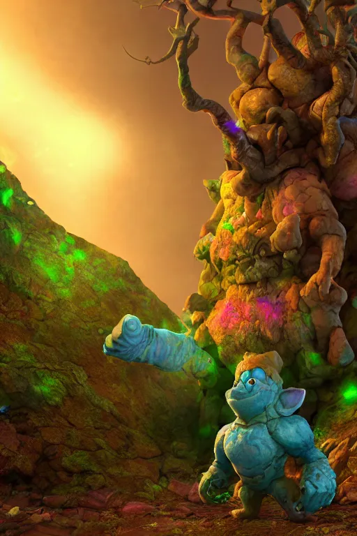 Image similar to arcane fantasy art giant golem elemental wood rock bastion forged gemstone enchanted forest troll, global illumination ray tracing hdr fanart arstation by sung choi and eric pfeiffer and gabriel garza and casper konefal lisa frank zbrush central hardmesh radiating a glowing aura