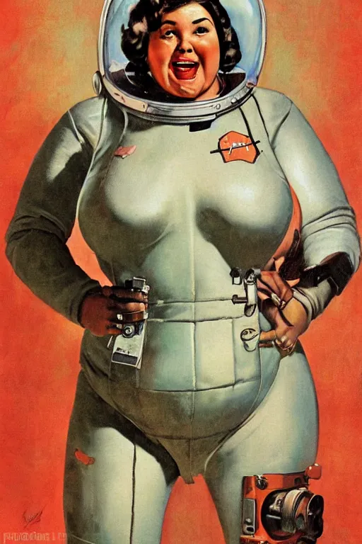 Image similar to 5 0 s pulp scifi fantasy illustration full body portrait cheerful obese woman in leather spacesuit on mars, by norman rockwell, roberto ferri, daniel gerhartz, edd cartier, jack kirby, howard v brown, ruan jia, tom lovell, frank r paul, jacob collins, dean cornwell, astounding stories, amazing, fantasy, other worlds