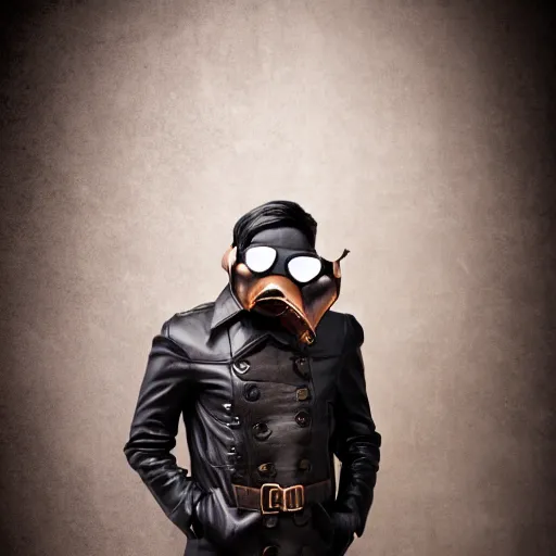 Prompt: anthropomorphic goose wearing steampunk leather goggles, leather facial mask, a long leather coat, dramatic lighting, full body shot, sigma 5 0 mm