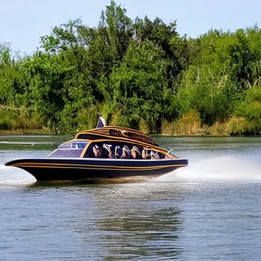 Image similar to speedboat that looks like a viking ship sailing down a river